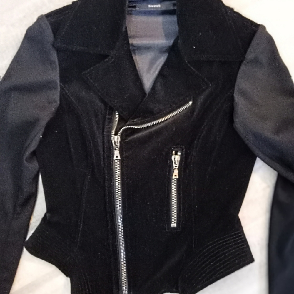 Tahari Black Leather Jacket with Metallic Accents